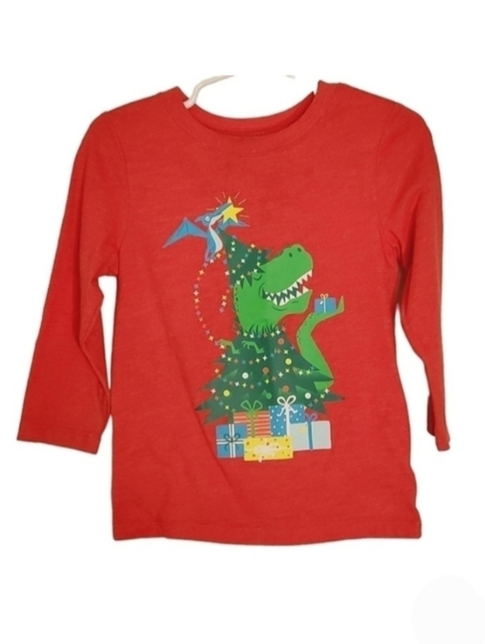K1088 * Cat & Jack Dinosaur Christmas Tree Long Sleeve Tee Red Size 2T